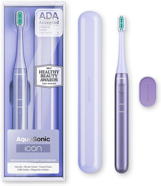 Aquasonic Icon ADA-Accepted Rechargeable Toothbrush | Magnetic Holder & Slim Travel Case | 2 Brushing Modes & Smart Timers | Gentle Micro-Vibrations (Lilac)