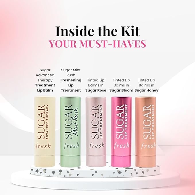 Fresh Color & Care Lip Collection Holiday Gift Set:: Tinted Lip Balms in Sugar Rosé, Honey, Bloom, Sugar Advanced Therapy, Mint Rush Lip Treatment