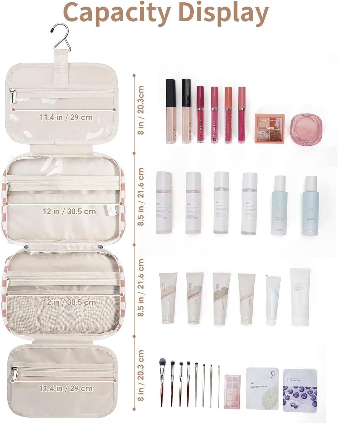 Travel Toiletry Bag for Women Large Hanging Makeup Bag Organizer Toiletries Bag for Full Size Essentials Accessories Cosmetics (Light Checkerboard (Large))