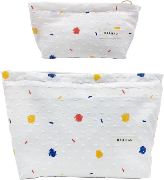 2 Pcs Makeup Bags, Large Cosmetic Bag Travel Toiletry Bag Organizer for Women, Embroidery Craft, Floral Makeup Bag Small Cosmetic Pouch Purse with Zipper, Gifts for Girls Teen (Colorful Dots)