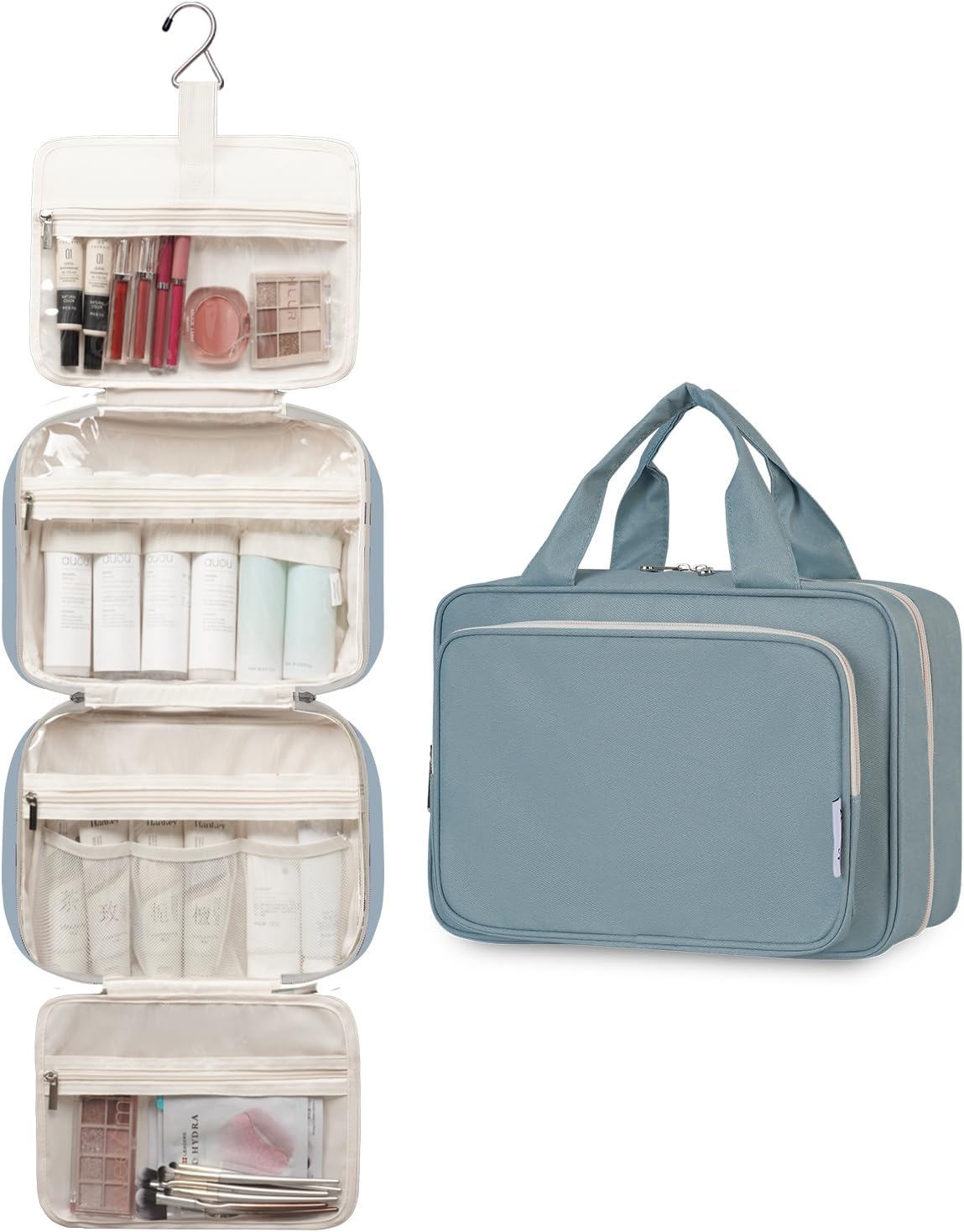 Travel Toiletry Bag for Women Large Hanging Makeup Bag Organizer Toiletries Bag for Full Size Essentials Accessories Cosmetics (Greyish Blue (Large))