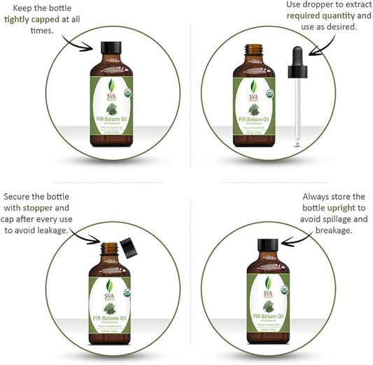 SVA Fir Balsam Essential Oil Organic – 4 Fl Oz – 100% Natural Organic Fir Oil - for Diffuser, Hair Care, Face, Skin Care, Aromatherapy, Scalp and Body Massage, Soap and Candle Making – with Dropper