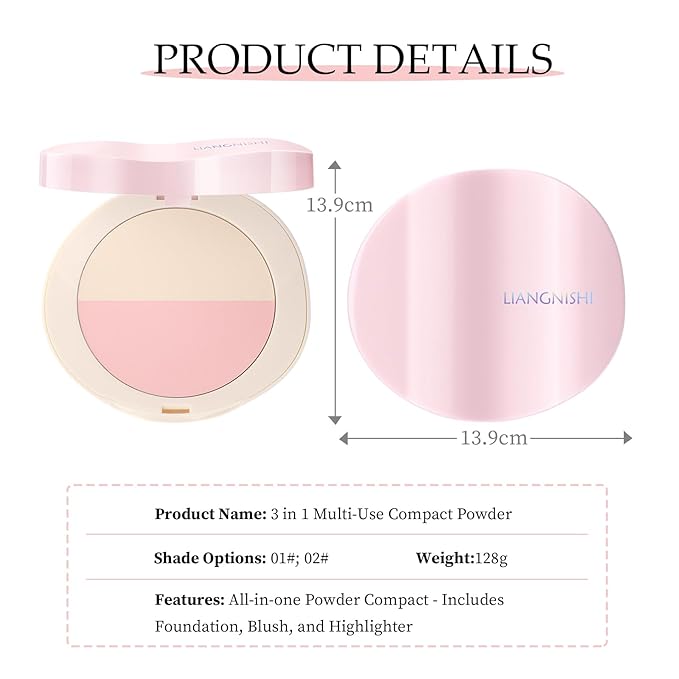 Pink Setting Powder, 3 in 1 Blush Palette with Puff, Highlighter Palette, Fine Texture Blush Pressed Powder, Setting Powder Makeup, Korea Makeup - Pink