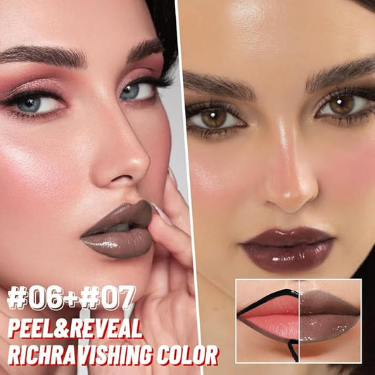 2Pcs Liquid Lip Stain Peel Off Lip liner and Lip oil with Tweezer, Dual-Ended Peel Off Lip Stain Tattoo, Highly Pigmented Long Lasting Waterproof, Transfer-proof for All Skin Types, 06#+07#