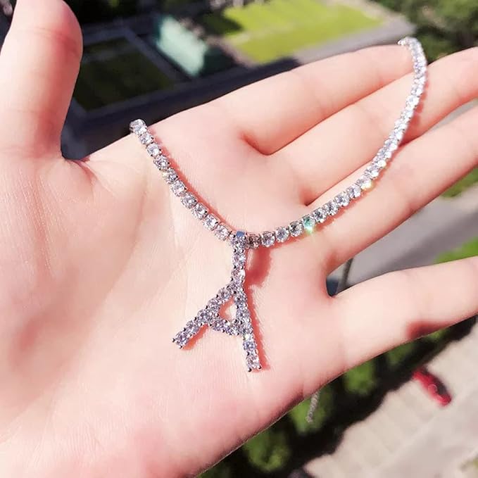 Silver Choker Necklace Rhinestones Shinning Letter M Fashion Letter A Sparkly Letter S Jewelry for Women Girls