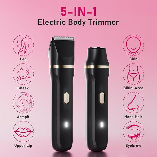 Electric Razors for Women, 5-in-1 Wet/Dry Bikini Trimmer with USB Charge Dock, Deluxe Facial Hair Removal, Wet/Dry Body Shaver for Nose Eyebrows Beard Underarm Leg Arm, IPX7 Waterproof (Black)