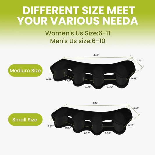 Bukihome Toe Separators, 4 Pair Soft Gel Toe Spacers to Correct Bunions, Toe Stretcher for Therapeutic Relief from Plantar Fasciitis, Claw Toes,Hammer Toes, Foot Pain for Women & Men (Black+M)