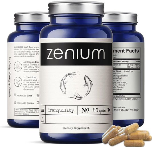 Zenium - Relieve Stress, Tension, Worry, Nervousness, & Irritability | Calm The Mind & Body | Ayurvedic | Natural Relief Supplement | Boosts Mood | Ashwagandha, L-Theanine, GABA, Rhodiola |60 Capsules