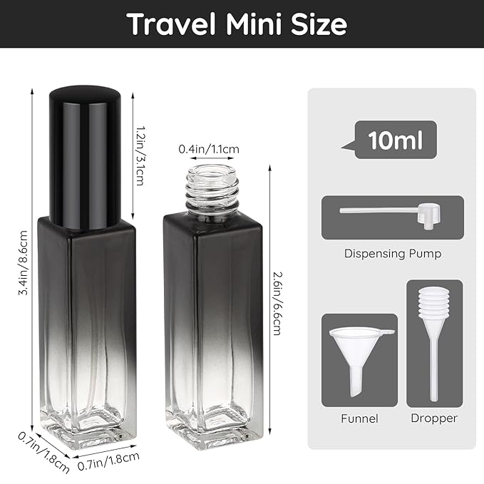 Segbeauty 0.34oz Perfume Atomizer, 10 Pack Glass Mini Travel Perfume Bottle Refillable, 10ml Empty Travel Size Bottles for Cologne Fragrance, Cologne Sprayer with Transfer Tools Set for Refill