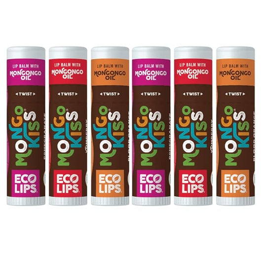Mongo Kiss Organic Lip Balm 6-Pack by Eco Lips 100% Organic Beeswax & Cocoa Butter Lip Care with Mongongo Oil - Soothe & Moisturize Dry & Cracked Lips - Made in USA. (Pomegranate, Yumberry, Blood Oran
