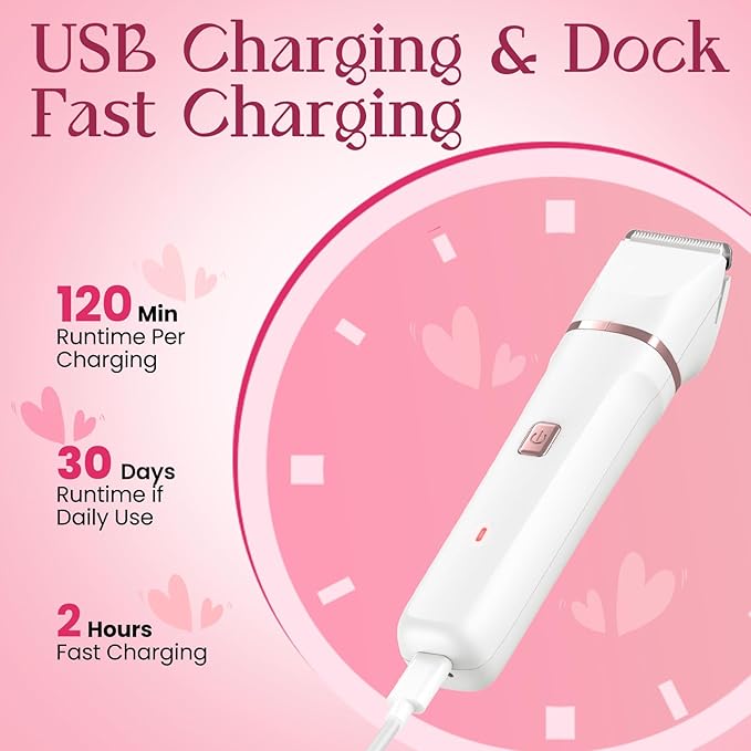 Pubic Hair Trimmer for Women - Electric Razors for Women's Body Groomer, Replaceable Ceramic Blade Heads, Face Hair Remover Head, USB-C&Dock Charging, Waterproof&Easy Cleaning White