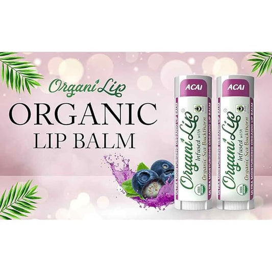 Organic Lip Balm, Acai Flavor, Ultra Hydrating Lip Moisturizer for Cracked or Dry Lips, Infused With Organic Sea Buckthorn, Oval Shaped Tube, USDA Certified Organic, 1 Pack