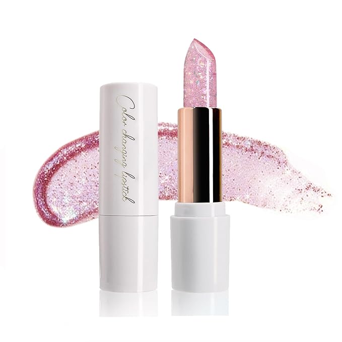 Pink Shimmer Lipstick, Ph Mood Magic Color Changing Lip Balm Plumping Glimmer Glow Lipstick Hydrating Lip Glow Oil Lasting Tinted Lip Balm Moisturizing Lips Care Temperature Jelly Lipstick(3#)