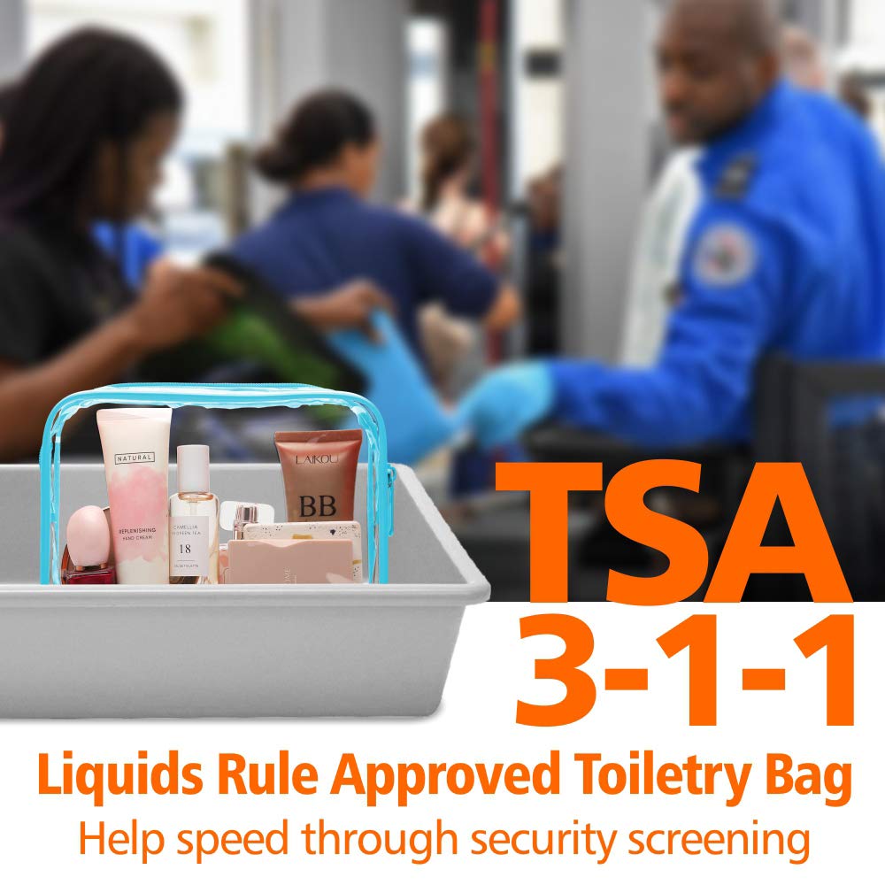 PACKISM Clear Cosmetic Bag, TSA Approved Clear Makeup Bag Travel Toiletry Bag, Beauty Quart Size Bag, 3 Pack, Black White Blue