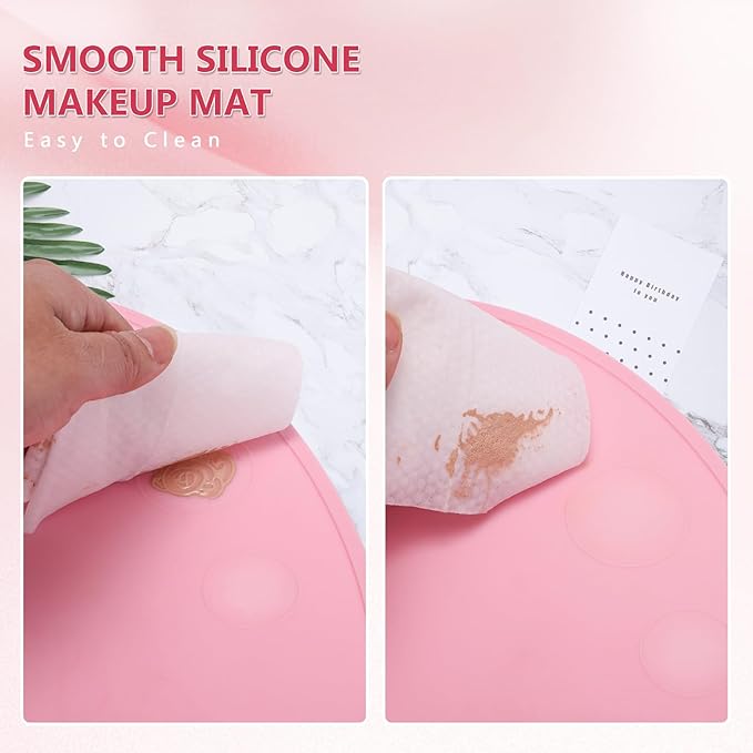 Makeup Palette, 3 in 1 Silicone Makeup Mat with Brush Cleaner and Vanity Protector Design for Mixing Foundation Eye Shadow Nail Art Gel, Cosmetic Brush Washing, Easy to Clean, Pink