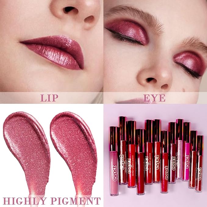 eevpct 2Pcs Mauve Red & Wine Red Matte to Glitter Liquid Lipstick Set Kit for Women Long Lasting Glossy Metallic Shimmer Sparkle Lipstick Lip Gloss 2+6