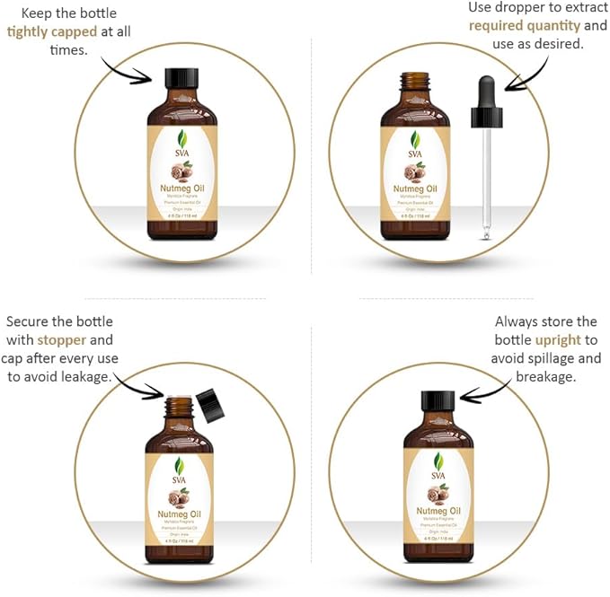 SVA Nutmeg Essential Oil – 4 Fl Oz – 100% Natural Nutmeg Oil - for Diffuser, Hair Care, Face, Skin Care, Aromatherapy, Scalp and Body Massage, Soap and Candle Making – with Dropper