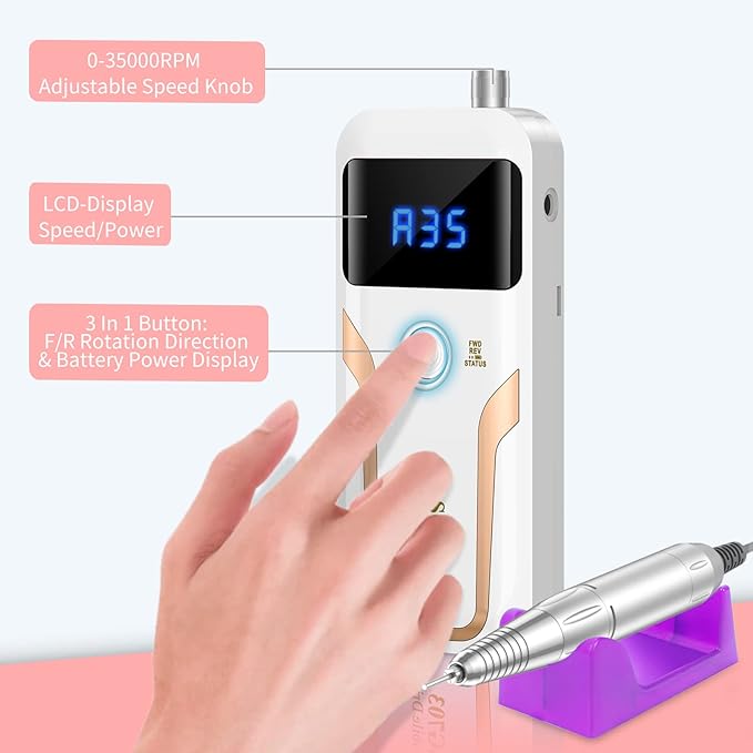 Portable Nail Drill Professional 35000 RPM, MOCOWIND Rechargeable Electric Nail File Machine for Acrylic Nails Gel Polishing Removing, Cordless E-File with Bits Kit for Manicure Salon Home, White