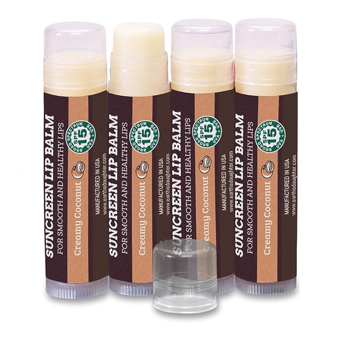SPF Lip Balm 4-Pack by Earth's Daughter - Lip Sunscreen, SPF 15, Organic Ingredients, Coconut Flavor, Beeswax, Coconut Oil, Vitamin E - Hypoallergenic, Paraben Free, Gluten Free, New
