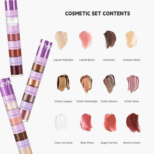 3 Pcs Cosmetic Sets 12 colors 4-Function cosmetic stick +Nonstick Raincoat Lip Gloss（3 colors+Clear Lip Gloss）+Liquid Eyeshadow in Four Colors Sets Waterproof