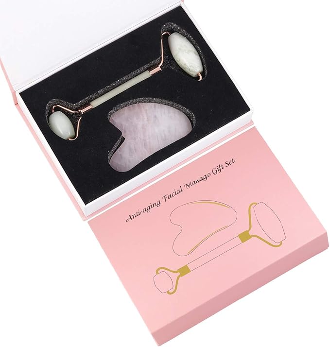 mookaitedecor Xiuyan Jade Roller & Rose Quartz Gua Sha Scraping Massage Tool Set, Face Massager for Wrinkles, Anti Aging