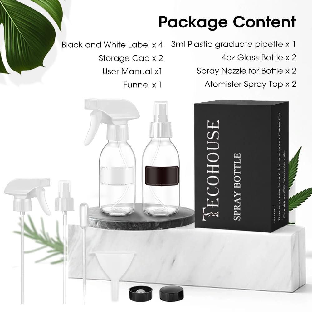 Tecohouse Glass Spray Bottles 4 OZ, Empty Small Spray Bottles 2 Pack for Essential Oils, Cleaning Solutions, Plants, Hair Mister, withDurable Nozzle, Labels, Funnel, Pipettes Clear