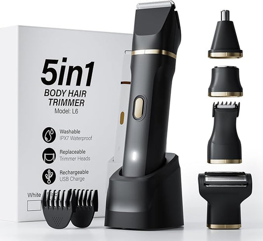 Electric Razors for Women, 5-in-1 Wet/Dry Bikini Trimmer with USB Charge Dock, Deluxe Facial Hair Removal, Wet/Dry Body Shaver for Nose Eyebrows Beard Underarm Leg Arm, IPX7 Waterproof (Black)