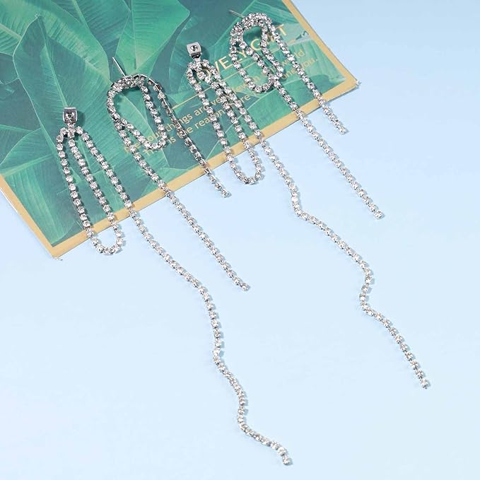 Rhinestone Tassel Ear Jacket Earrings Long Rhinestone Chain Earrings Silver Crystal Tassel Earrings Vintage Chandelier Chain Earrings Luxury Statement Earrings Jewelry for Women and Girls Gifts