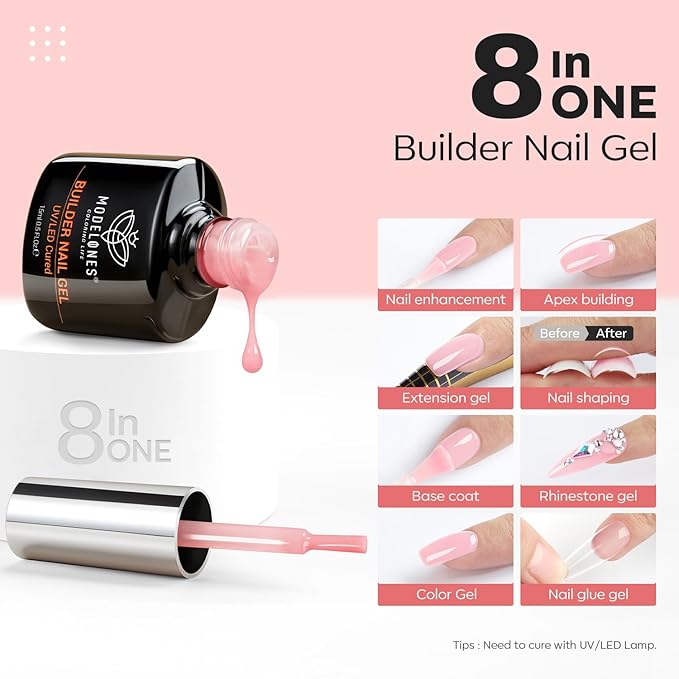 modelones Builder Nail Gel, 8-in-One Neutral Nude Pink Builder for Nail Thickening Apex Building, Rose Blush Pink Rubber Color Base LED Lamp Cured Strengthener Extend Hard Gel Polish for DIY Salon