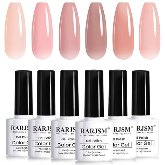 RARJSM Nude Gel Polish Set Jelly Pink Collection of 6 Transparent Natural Colors Sheer Pink Milky Mavue Purple Light Brown French Manicure LED UV Gel Nail Polish Soak Off Curing Requires Home Salon