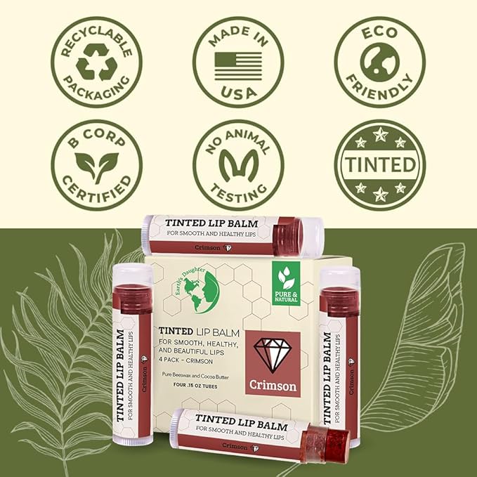 Tinted Lip Balm by Earth’s Daughter – 4 Pack of Crimson Color – Beeswax, Coconut Oil, Cocoa Butter, Vitamin E – Moisturize and Beautify – Paraben Free