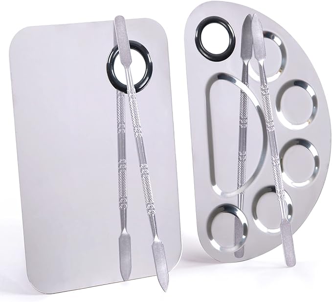 Makeup Palette, Makeup Mixing Palette, Stainless Steel Metal Foundation Palette with Spatula Artist Tool for Mixing Foundation Nail-Art, Cosmetic Mixing Makeup Palette, Makeup Plate, 6×4"/Silver/2pcs