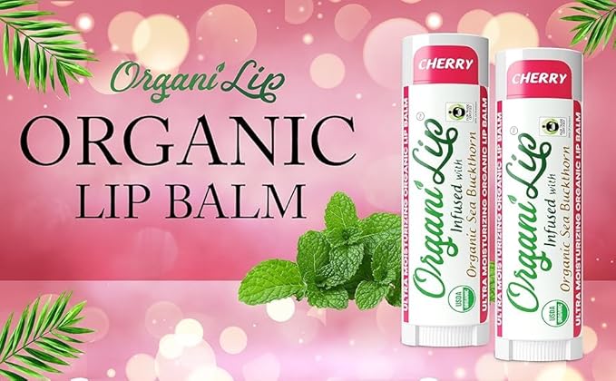 Organic Lip Balm, Cherry Flavor, Ultra Hydrating Lip Moisturizer for Cracked or Dry Lips, Infused With Organic Sea Buckthorn, Oval Shaped Tube, USDA Certified Organic, 1 Pack