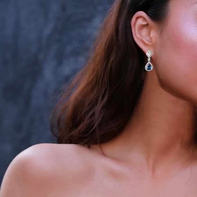 Vintage Sapphire Drop Earrings Oval Sapphire Crystal Earrings Silver Teardrop Rhinestone Stud Earrings Blue Crystal Wedding Earrings Jewelry for Women and Girls Gifts