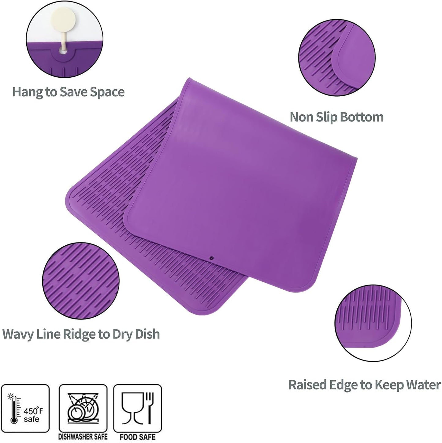 Silicone Dish Drying Mat for Multiple Usage,Easy clean,Eco-friendly,Heat-resistant Silicone Mat for Kitchen Counter or Sink,Refrigerator or Drawer Liner Purple 5XL 36inches x 18inches