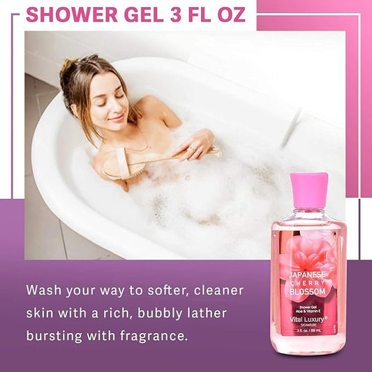 Bath & Body Kit Japanese Cherry Blossom, 3 Fl Oz, Ideal Skincare Gift, Home Spa Set, Includes Body Lotion, Shower Gel and Fragrance Mist, Perfect for Christmas Gifts and Festive Pampering