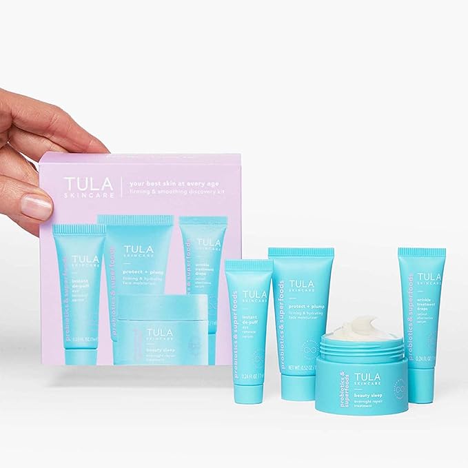 TULA Skin Care Your Best Skin at Every Age Level 2 Firming & Smoothing Discovery Kit - Wrinkle Treatment, Face Moisturizer, Eye Serum and Overnight Repair Treatment, Anti-Aging, 4-Piece Kit