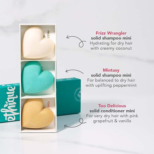 Ethique Discovery Pack for Dry Hair - Shampoo & Conditioner - Plastic-Free, Vegan, Cruelty-Free, Eco-Friendly, 3 Travel Bars, 1.59 oz (Pack of 1)