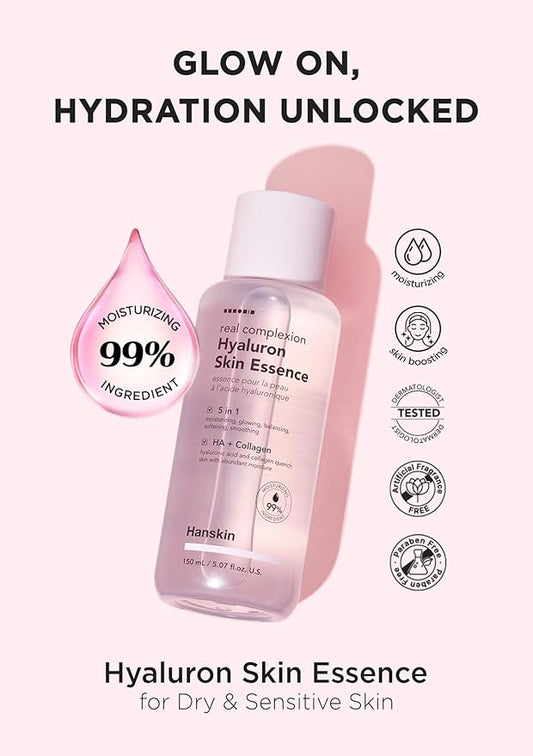 Hanskin Hyaluron Skin Essence, Hydrating Facial Astringent Toner for Dry, Dull, Sensitive Skin - Hyaluronic Acid Collagen Moisturizing Purifying Paraben-Free Korean Skincare [5.07 fl. oz.]