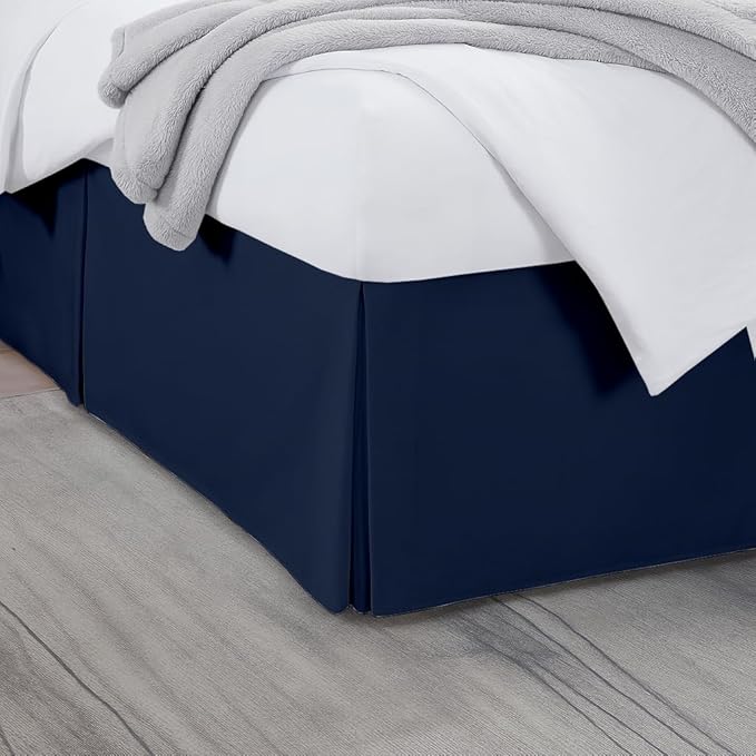 King Bed Skirt, Luxury 12 Inch Drop Navy Blue Pleated Bed Skirt, Double Brushed Microfiber, Box Pleat Design, Wrinkle & Fade Resistant, Easy Fit Tailored Bedskirt for King Size Beds