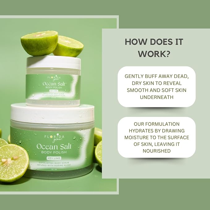 Sea Salt Body Scrub by Florida Suncare - Ocean Salt Body Polish Infused with Marine Algae - Exfoliating Face and Body Scrub - Facial Scrub Exfoliator to Tackle Acne (Key Lime, 3.3 oz)