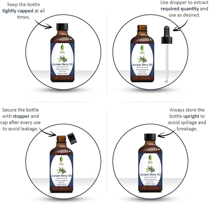 SVA Juniper Berry Essential Oil – 4 Fl Oz – 100% Natural Juniper Oil - for Diffuser, Hair Care, Face, Skin Care, Aromatherapy, Scalp and Body Massage, Soap and Candle Making – with Dropper