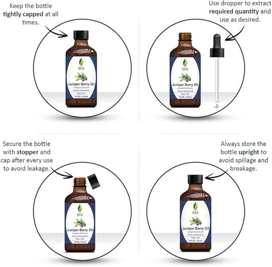 SVA Juniper Berry Essential Oil – 4 Fl Oz – 100% Natural Juniper Oil - for Diffuser, Hair Care, Face, Skin Care, Aromatherapy, Scalp and Body Massage, Soap and Candle Making – with Dropper