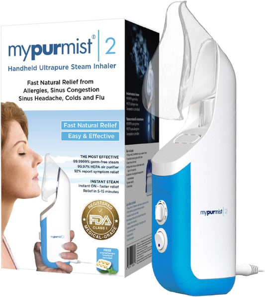 MYPURMIST® Handheld Ultrapure Instant Steam Inhaler – Fast Allergy Nasal Congestion Cold Cough Sinus Relief - Aromatherapy Vaporizer Steamer Humidifier, Voice Care, FSA/HSA/FDA Listed