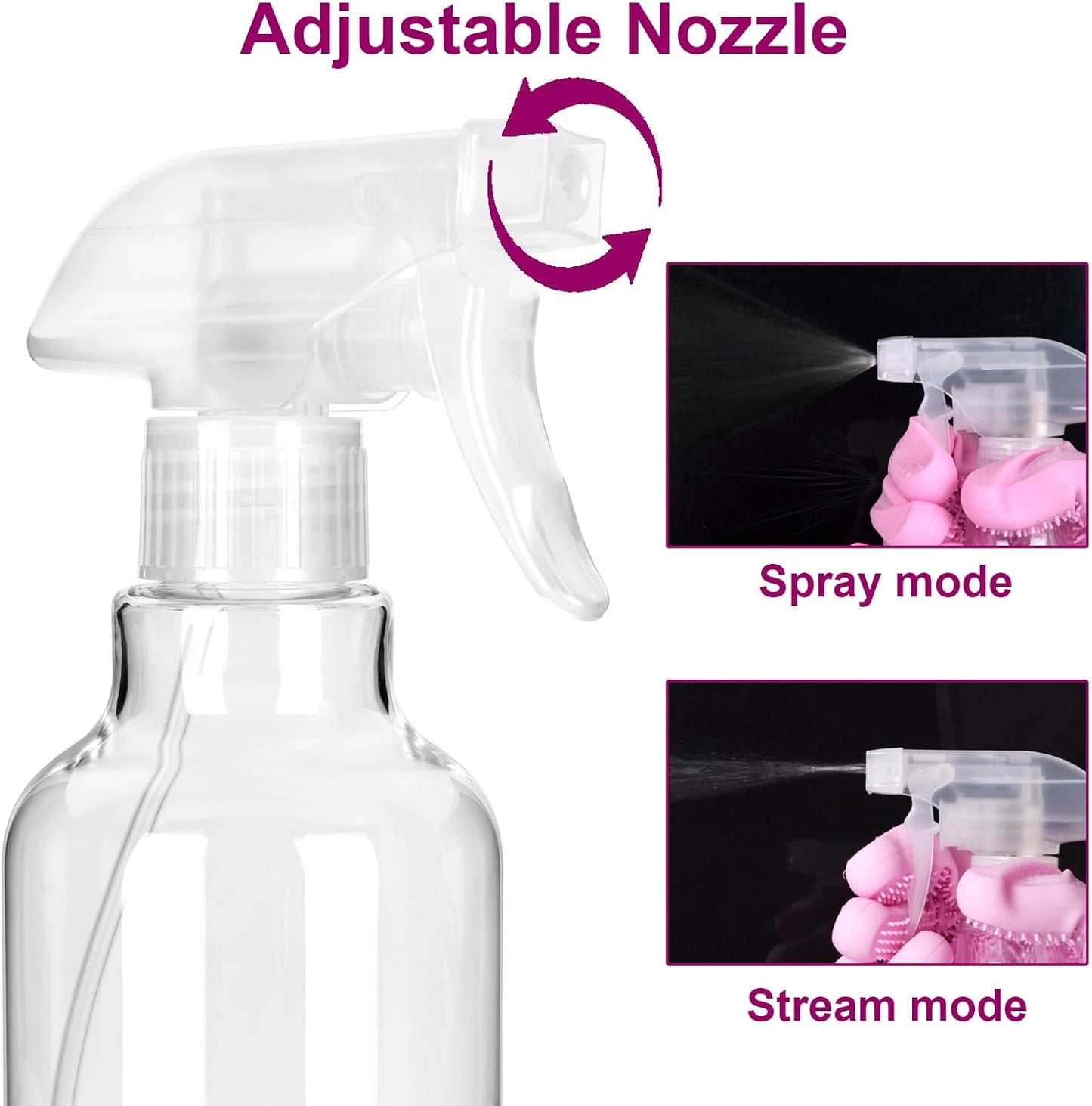 Spray Bottles - Plastic Spray Bottles for Cleaning,Empty Spray Bottle for Plants, Pet, Hair - Refillable Spray Bottle with Adjustable Mist/Stream - 16.9oz/2Pack (Clear)