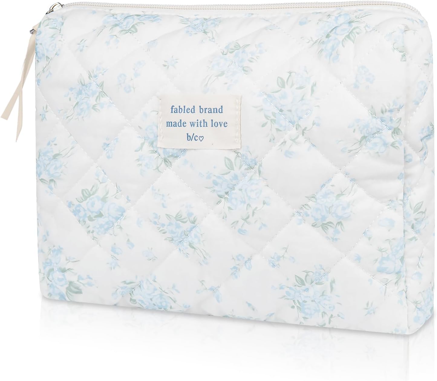 Floral Makeup Bag, Large Cosmetic Bag for Women Girls, Cute Cotton Makeup Pouch, Quilted Makeup Bags, Flower Travel Toiletry Organizer Bag(Blue Rose)
