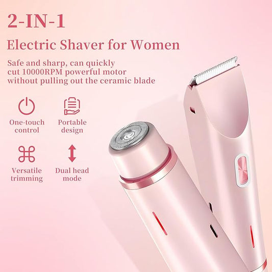 QNHMPW Bikini Trimmer for Women,Electric Razors for Women,2-in-1 Dual Head Shaver- Wet/Dry Shaver Groomer, Waterproof Hygiene Razor Used for Face, Underarm, Leg, Bikini Area(Pink)