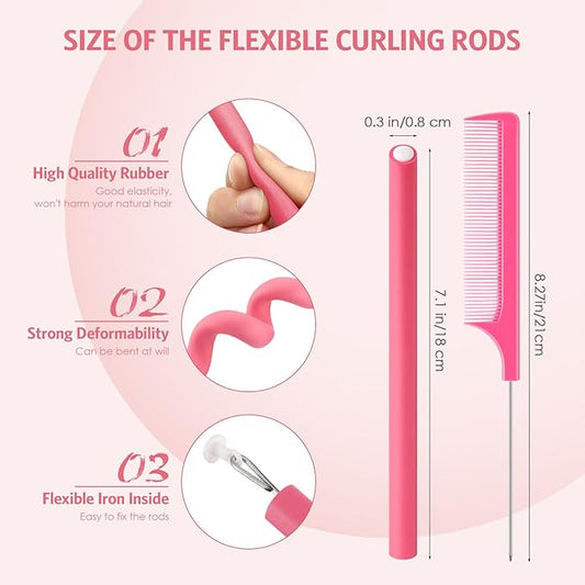 Syhood 30 Pieces Flexible Curling Rods Twist Hair Rollers Soft Foam Rods No Heat and 1 Pcs Steel Rat Tail Comb for Women Long and Short Hair(7 x 0.3 Inch,Pink)