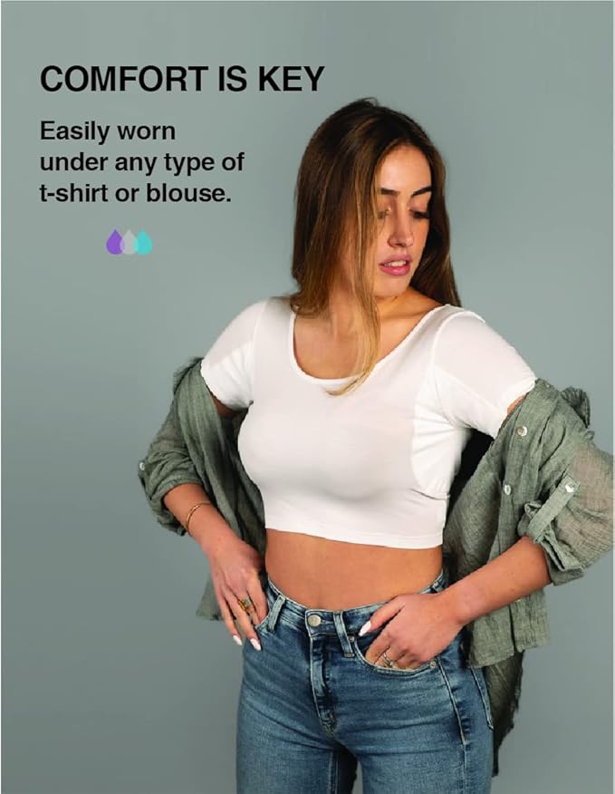 Women’s Undershirts - Sweatproof Shirts Women with Underarm Sweat Pads - White…