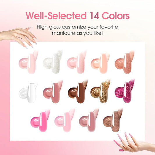 ROSALIND 14 Colors Poly Nail Gel Kit with Mini Nail Lamp Pink Brown Poly Nails Gel Kit Starter Kit With Slip Solution Kit Pink Extensions Gelfor Nail Manicure Beginner